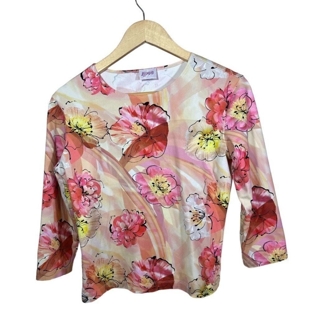LEGGIADRO Women’s 3/4 Sleeve Floral Knit Tee Shirt Pink Size 3/8-10